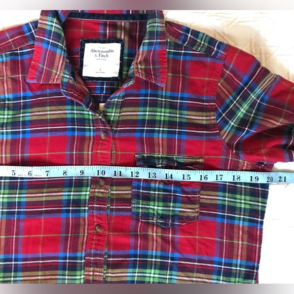 🍁Abercrombie&Fitch Red Plaid CottonFlannel Perfect Holiday Layering SzL Slimfit - Picture 8 of 11
